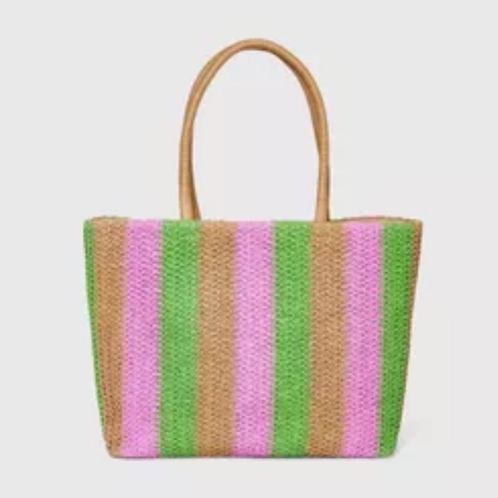 a new day Pink and Green Woven Summer Tote